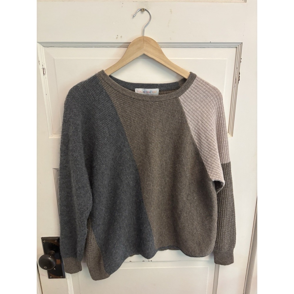 Collaboration Women's Gray Tan Colorblock Pure Cashmere Knit Sweater Size Small‎